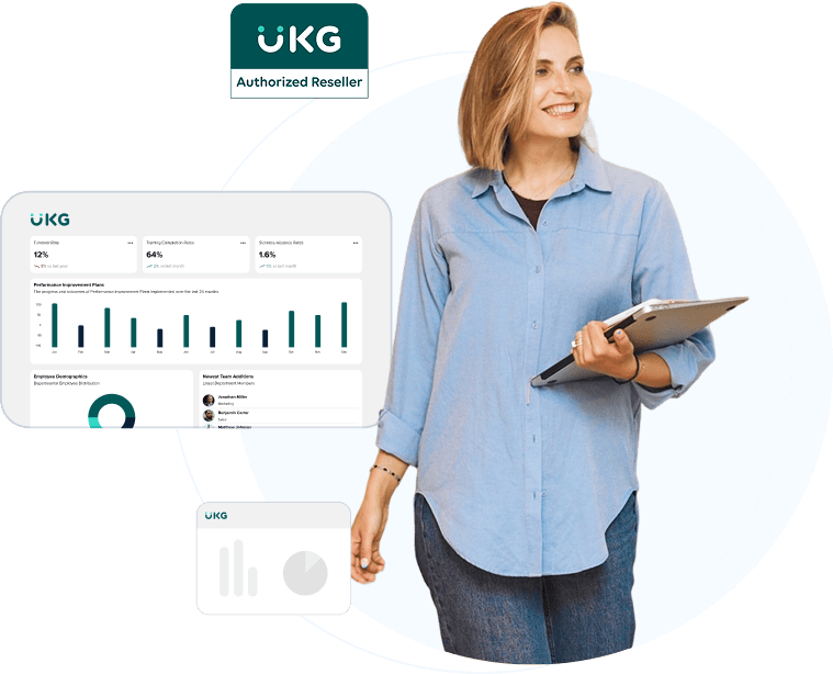 Woman standing with UKG software floating around her