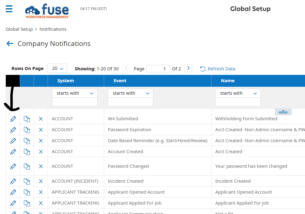 Company notifications dashboard